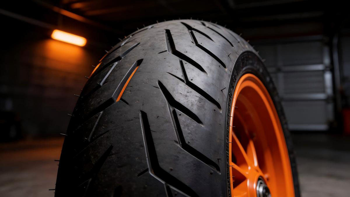 Close-up view of a new motorcycle tire tread pattern mounted on a bright orange wheel rim in a garage setting.