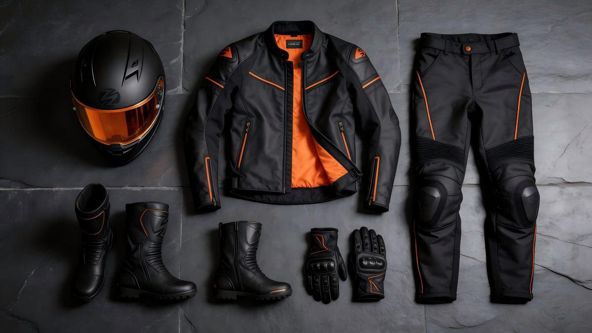 Flat-lay layout of essential black and orange motorcycle safety gear including a full-face helmet, armored riding jacket, pants, leather boots, and gloves on a dark slate background.