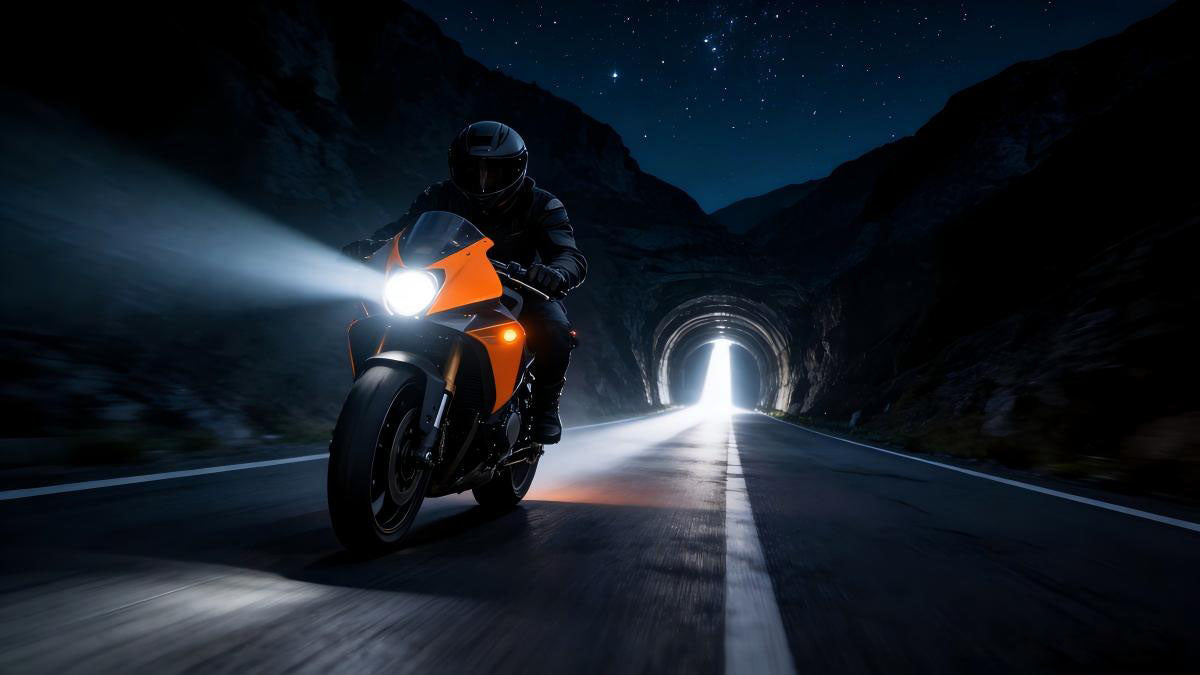 Motorcyclist riding an orange sportbike on a dark mountain road at night with headlight illuminated near a tunnel