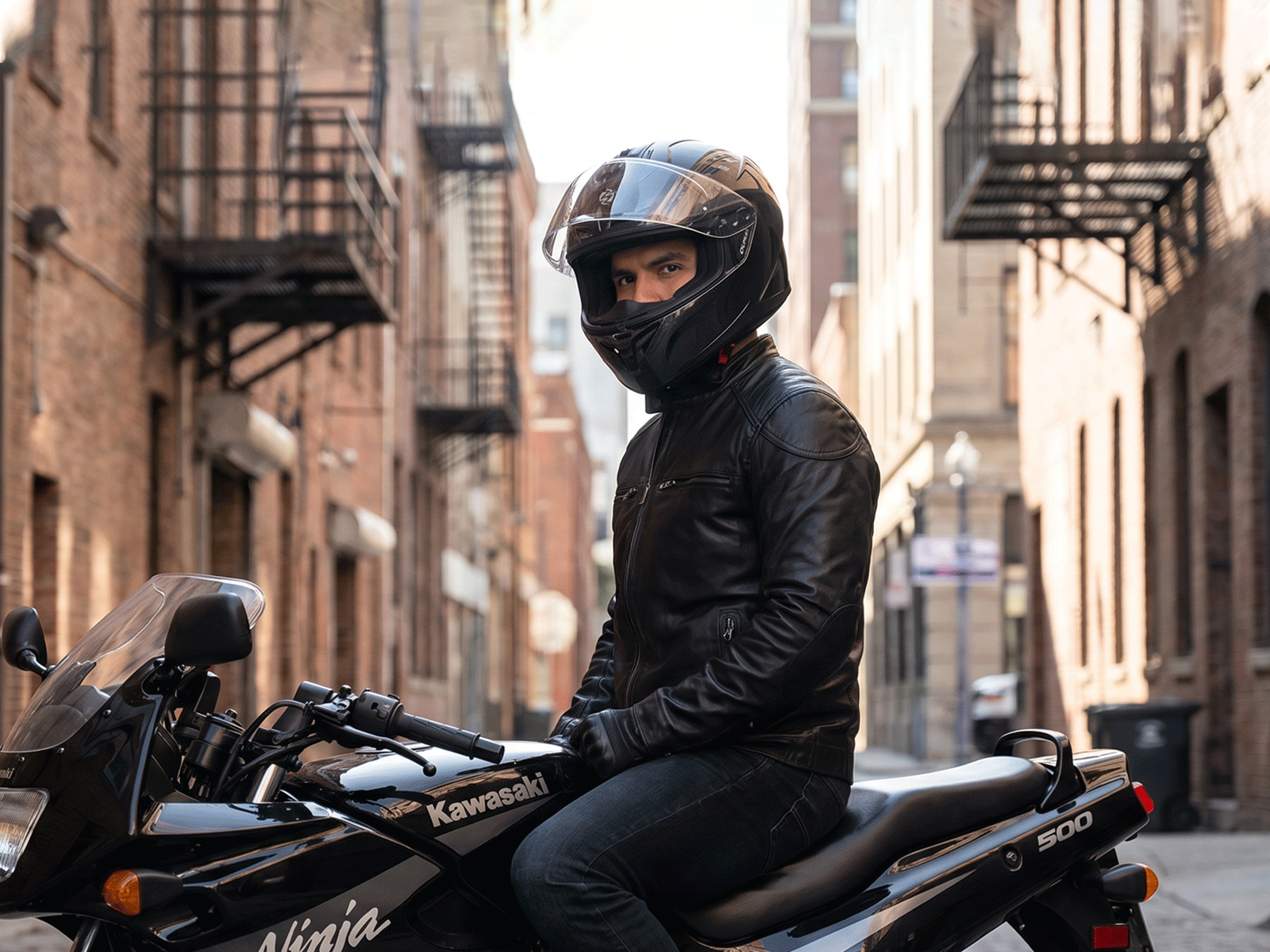 A person wearing a OUMURS-361S black full-face street helmet, black leather jacket, and black gloves sits on a black Kawasaki Ninja 500 motorcycle in a narrow urban alleyway with brick buildings and fire escapes.