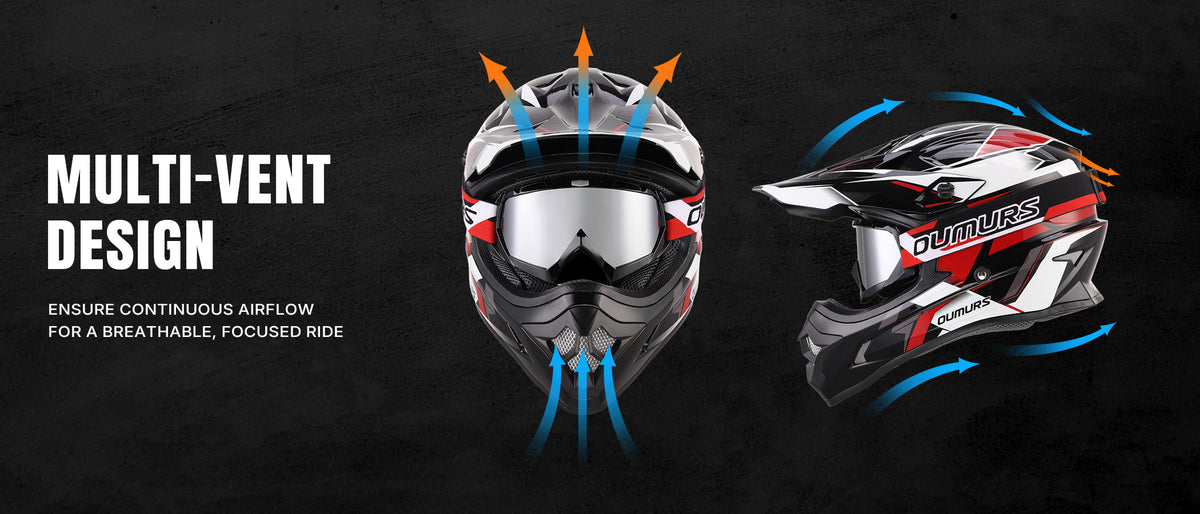 Promotional graphic for a full-face motocross helmet showing a front view with airflow arrows entering the top and bottom, a side profile with blue airflow arrows, and text reading 'MULTI-VENT DESIGN' on a dark background.