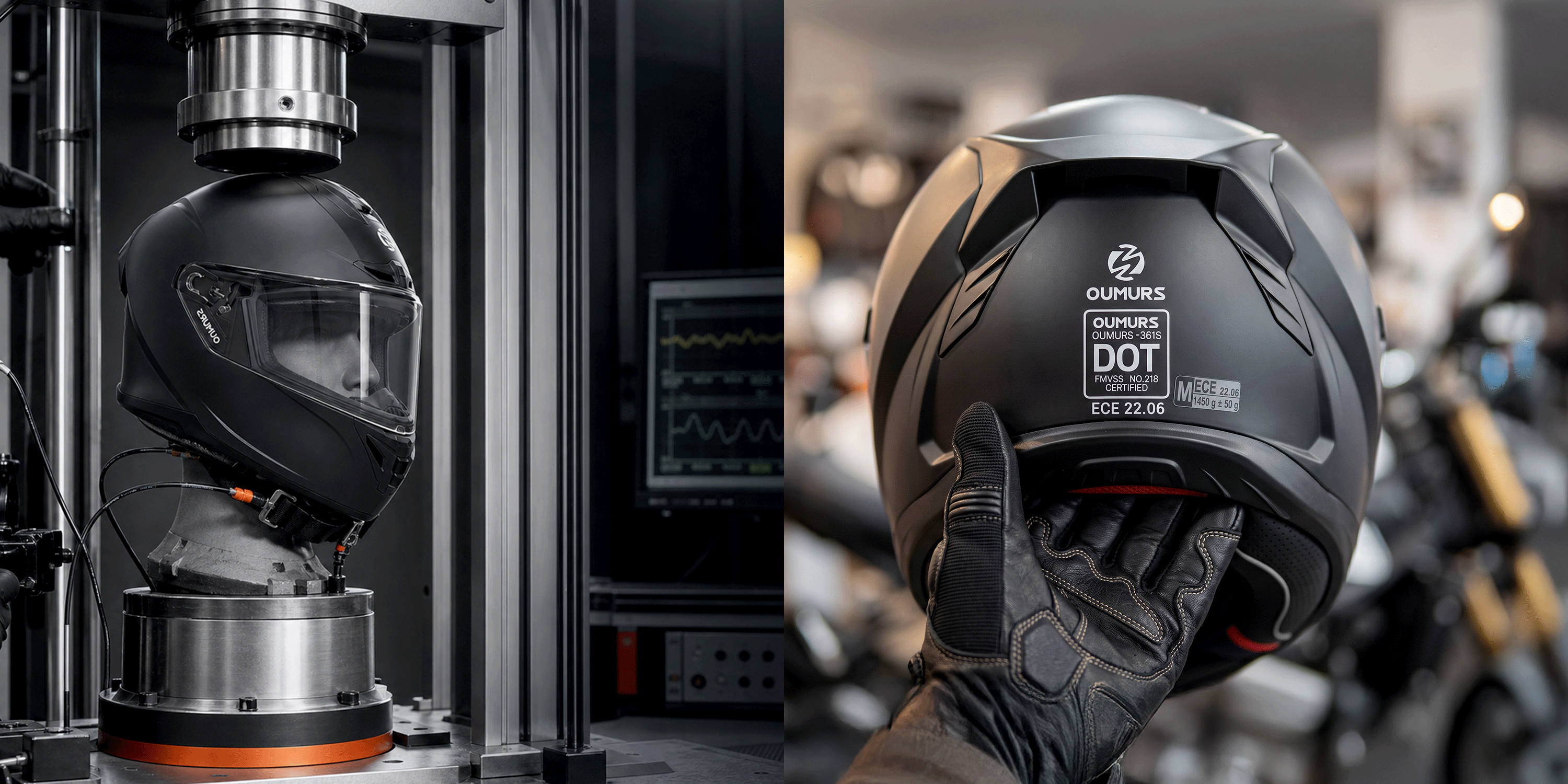 A matte black full-face motorcycle helmet is shown in a split-screen comparison: on the left, a helmet impact test machine compressing the shell, and on the right, a gloved hand holding the helmet in front of a blurred motorcycle shop background. The inner label shows the brand 'CAPTURE' and 'DOT 3.