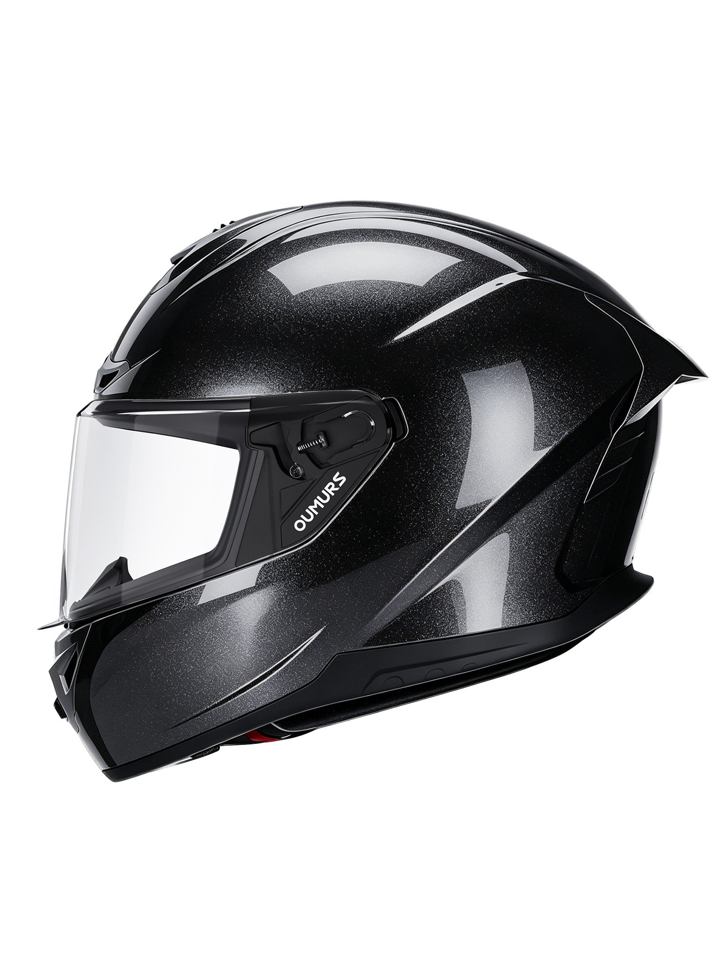 Oumurs 361S full face street helmet in cosmo black, left side view, the brand name is printed in white on the side of the visor.