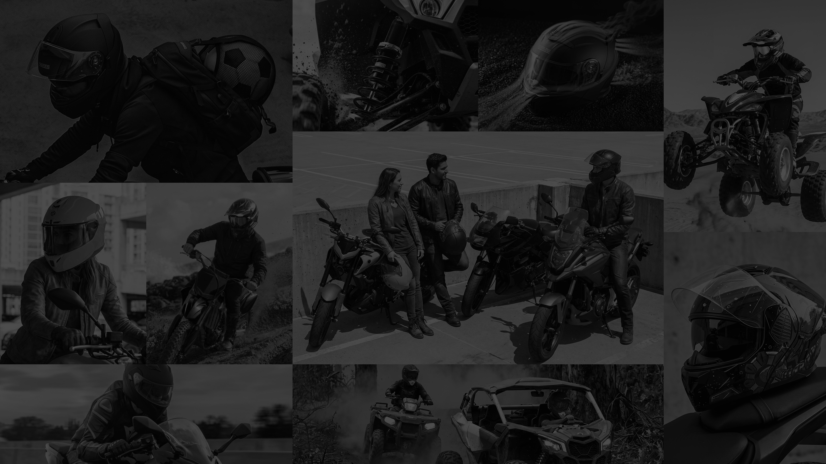Collage of motorcycle and ATV riders, helmets and gear representing the Oumurs riding lifestyle