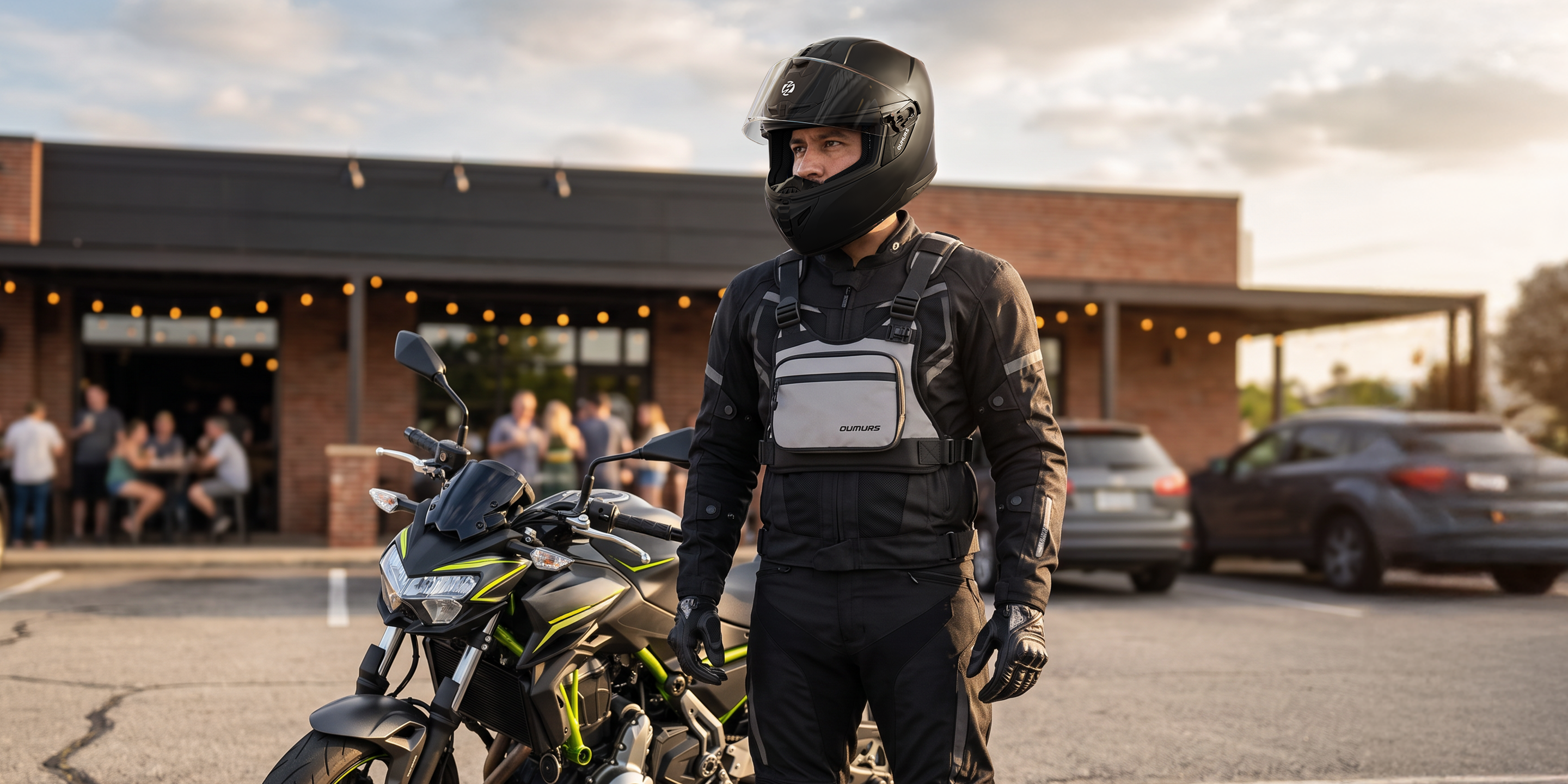 A person in full black motorcycle riding gear and a Oumurs 361S helmet stands beside a black and green motorcycle in a parking lot outside a restaurant at sunset. The rider is wearing a black jacket with a white chest panel and black gloves.