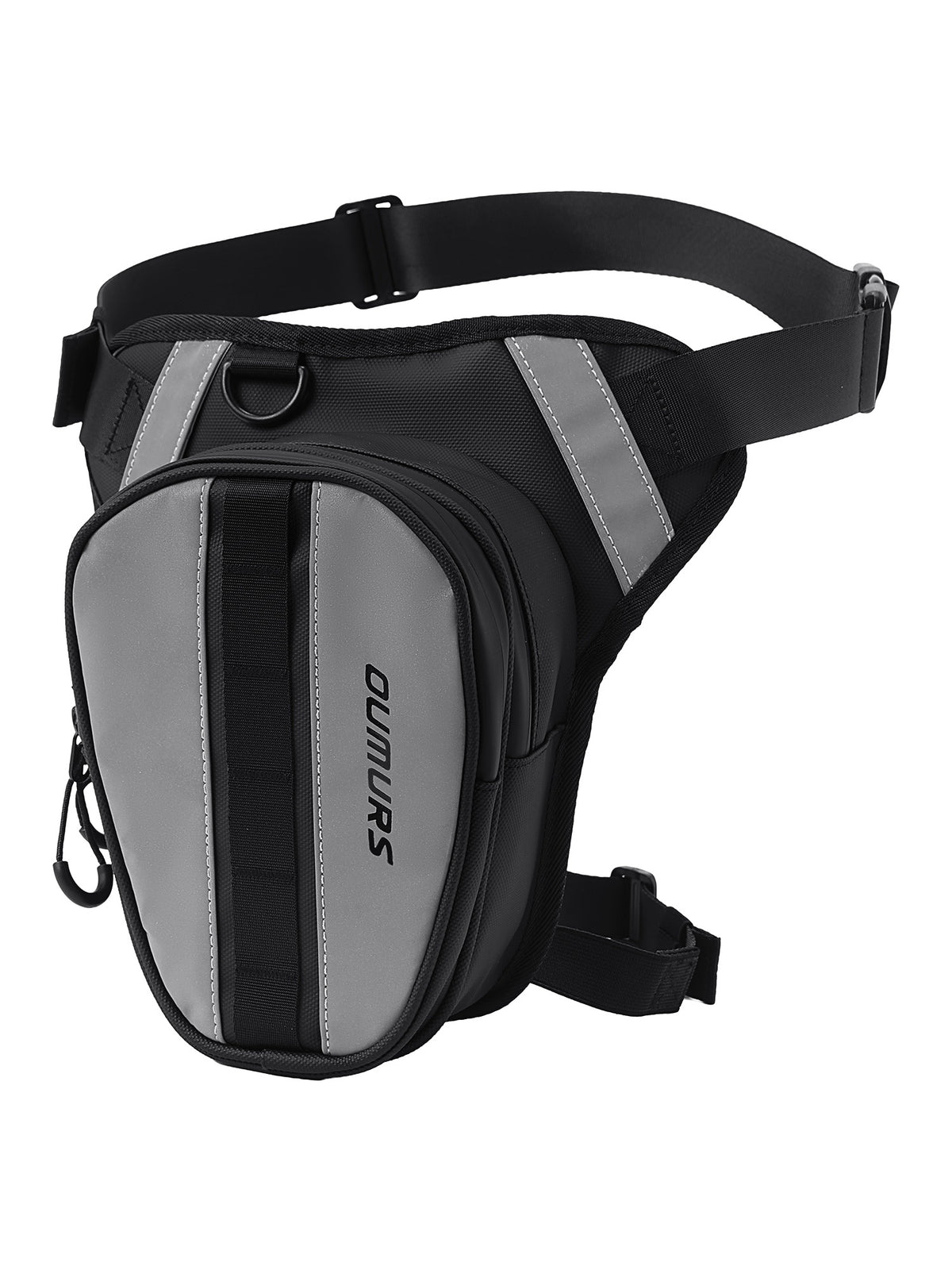 Black and gray motorcycle leg bag with reflective stripes and a black adjustable strap, featuring the brand name 'OUMURS' printed vertically on the front pocket.