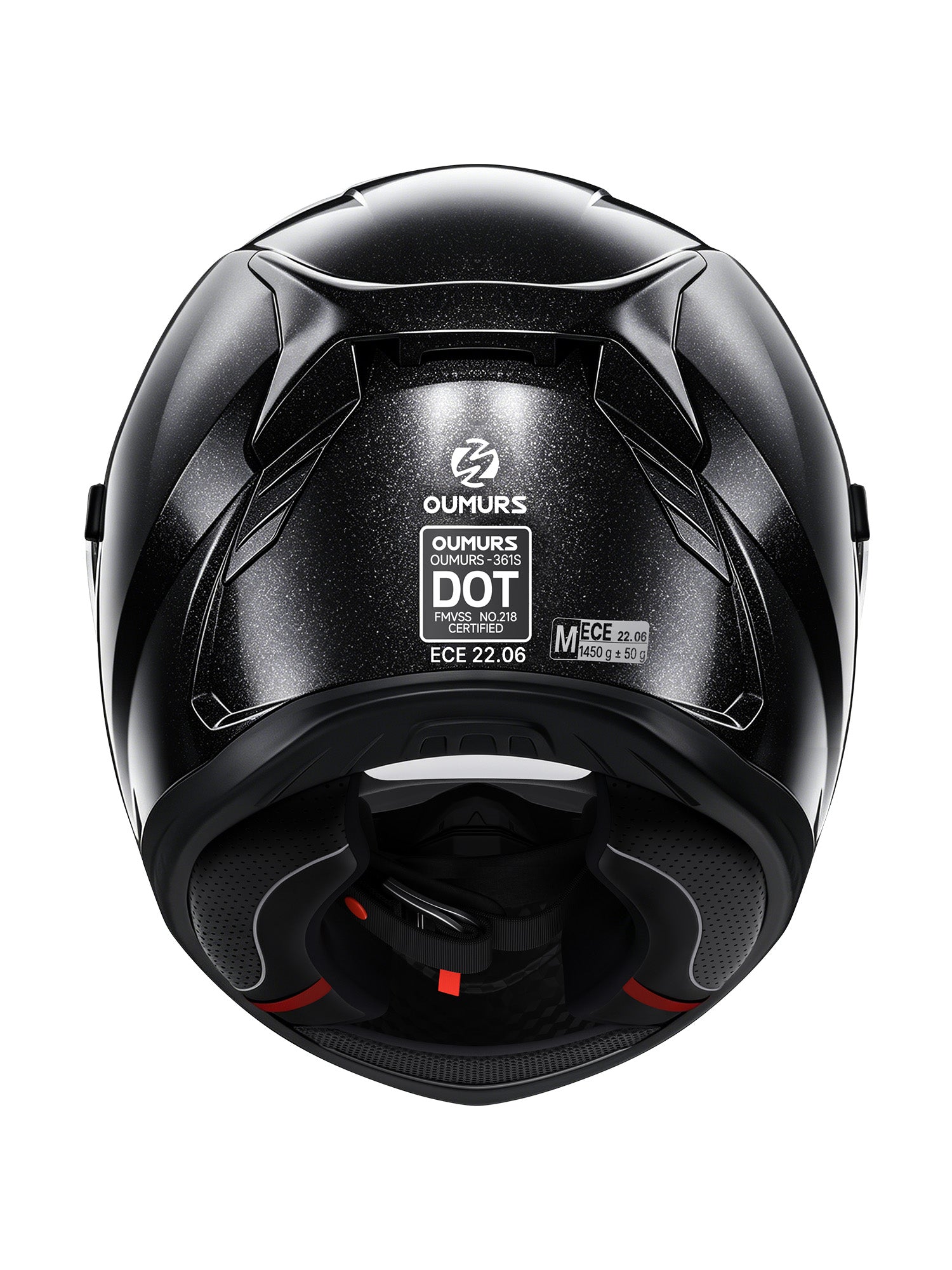 Oumurs-361S full face street helmet in cosmo black, rear view showing DOT FMVSS 218 and ECE 22.06 certification labels