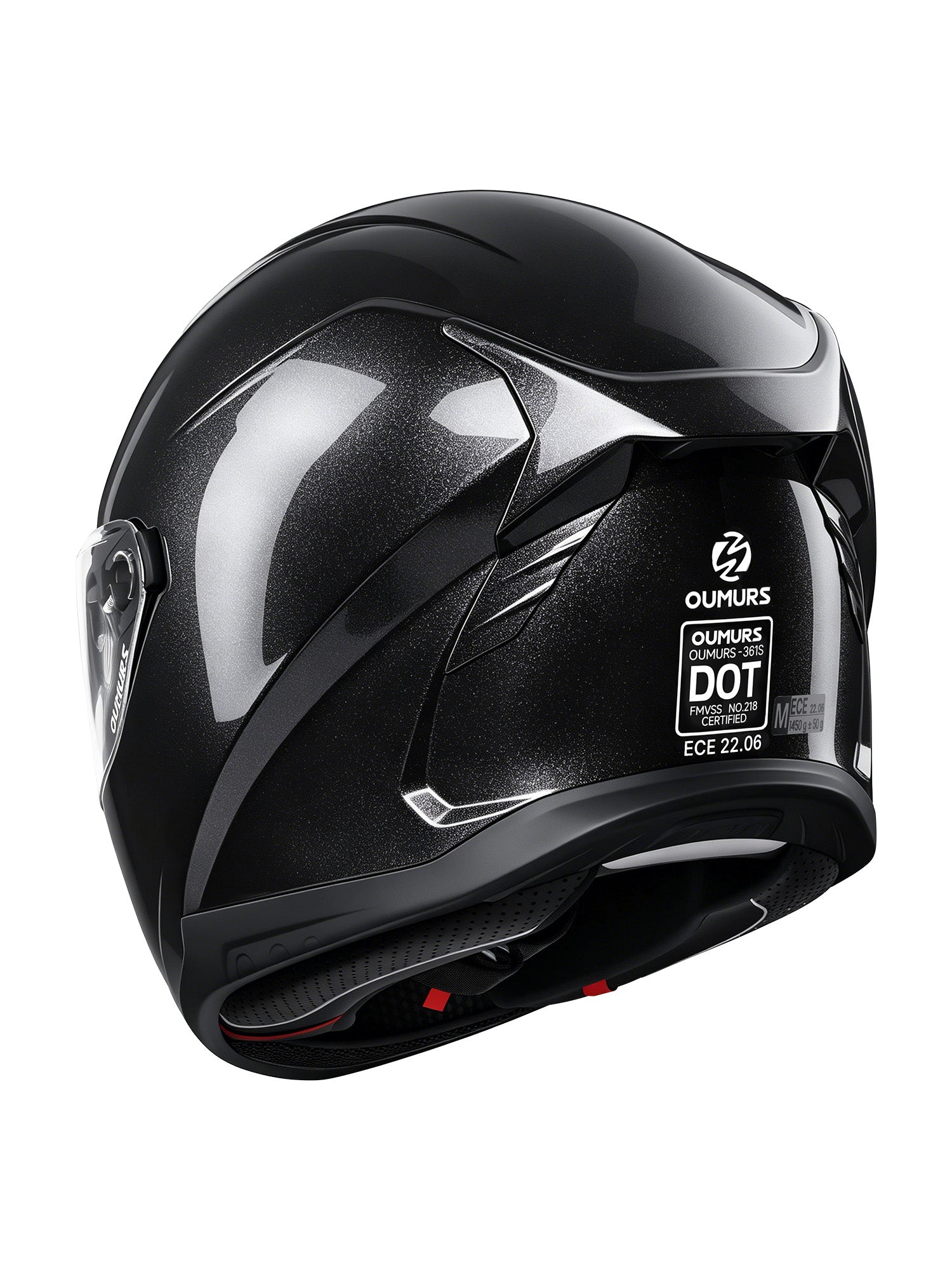 Oumurs-361S full face street helmet in cosmo black, rear three-quarter view showing DOT and ECE 22.06 certification labels