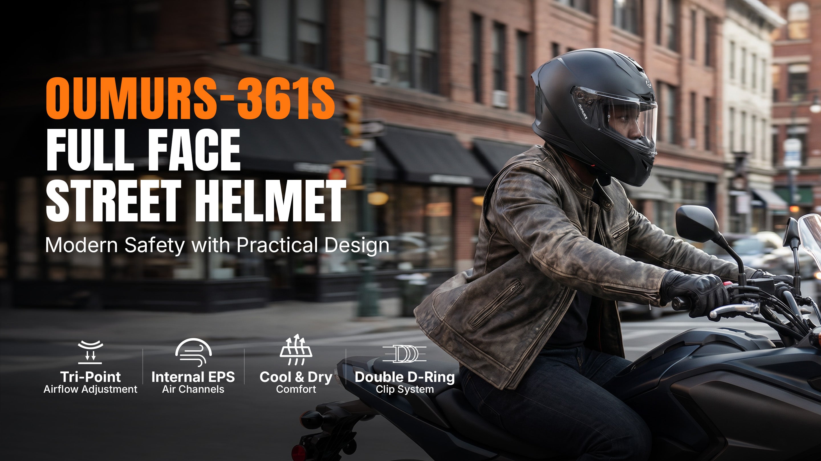 A rider wearing an Oumurs-361S full face helmet in matte black rides through a city street at dusk, with feature icons for tri-point airflow, internal EPS air channels, cool and dry comfort, and a double D-ring clip system.