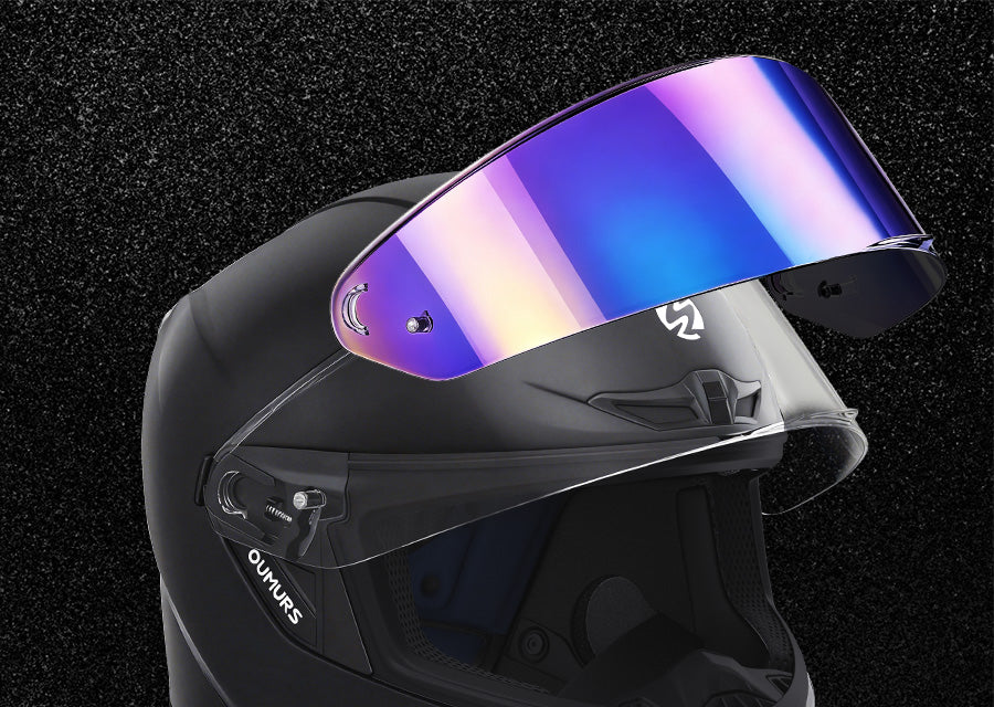Close-up of Oumurs-361S helmet's swappable visor system, switching between the clear visor and an iridescent UV-protective visor
