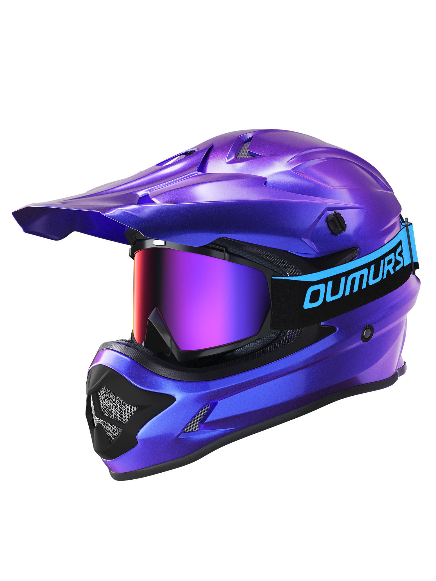 Oumurs 805 Chameleon Purple motocross helmet in purple-to-blue color-shift finish with matching goggles, left front three-quarter view
