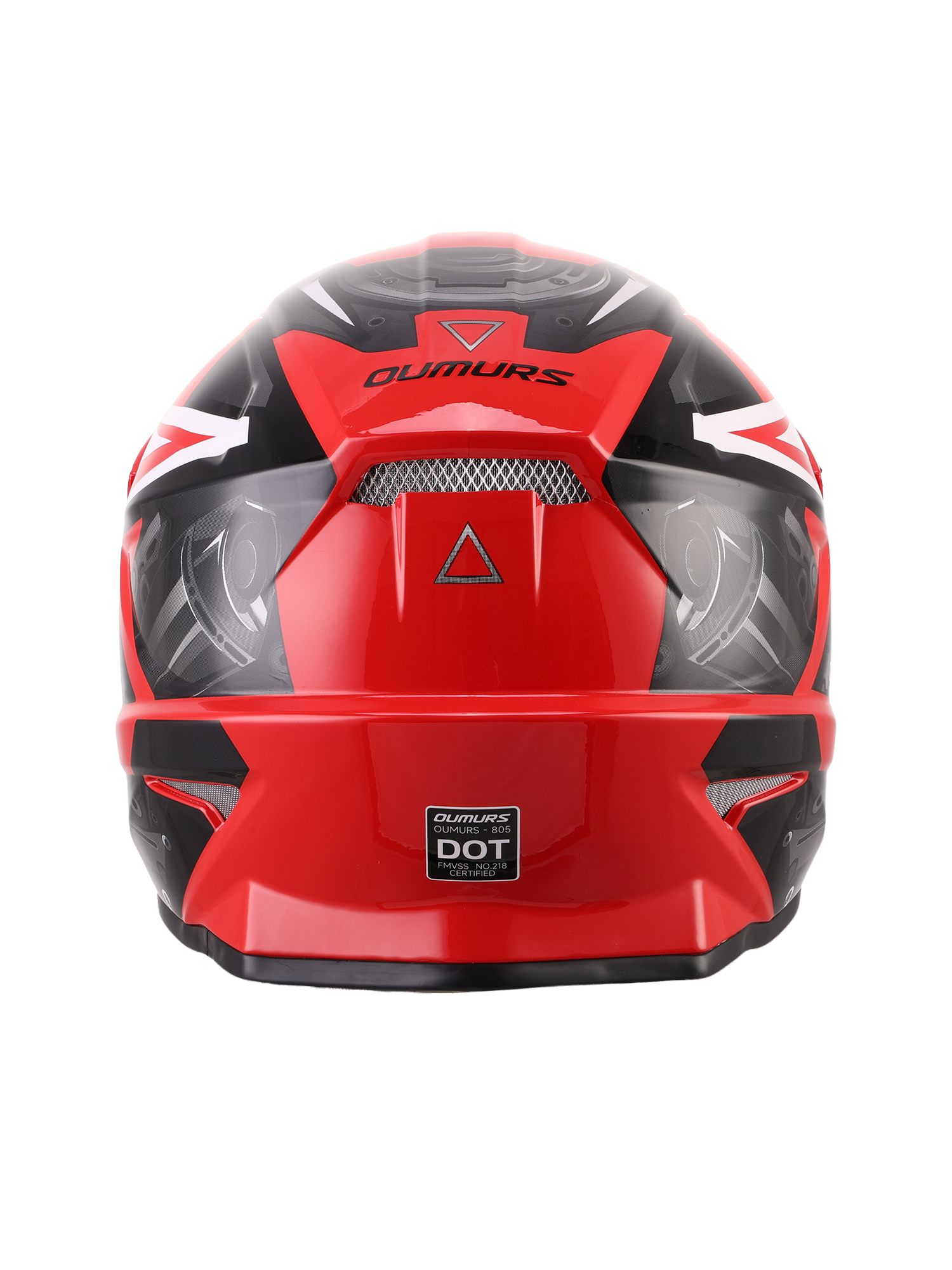 Oumurs 805 Engine Red off-road helmet shown from the rear, featuring the brand name and DOT FMVSS 218 certification label.