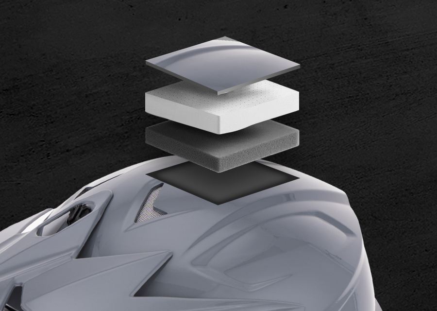 Exploded view of the Oumurs 805 Gray off-road helmet's layers: ABS hard shell, EPS buffer layer, and comfort cushioning lining.