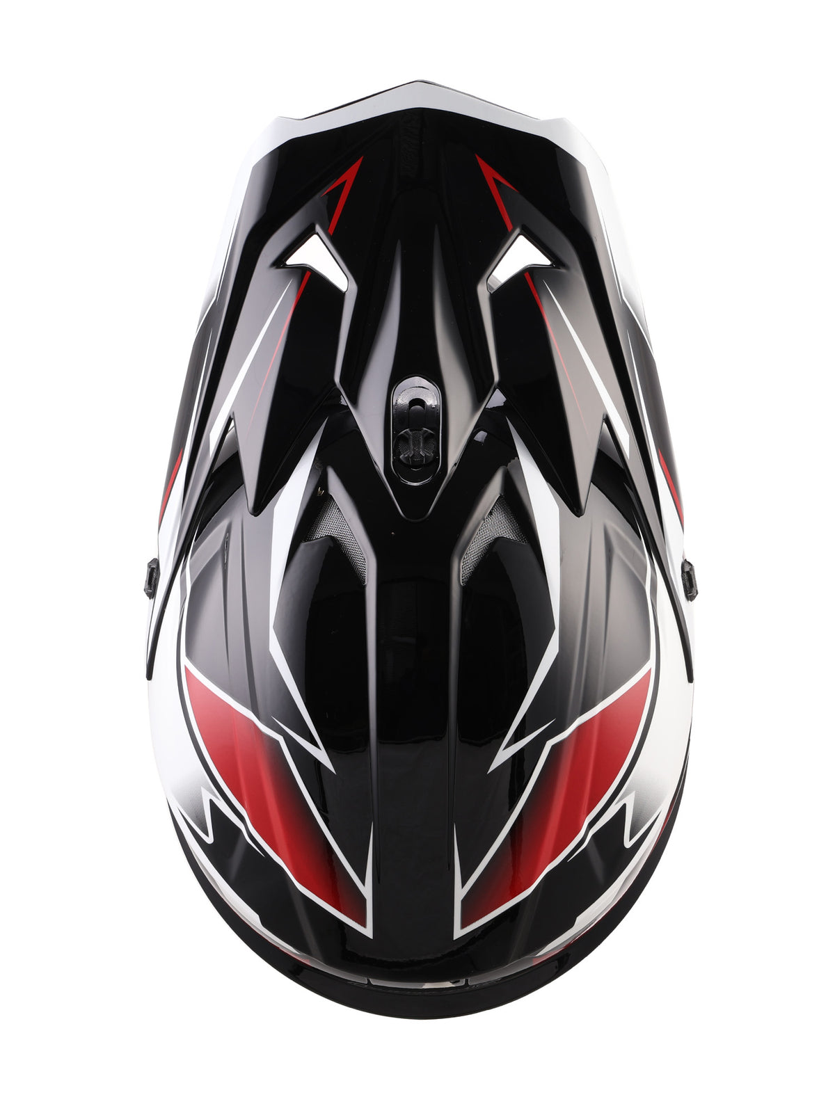 A top-down view of a full-face motocross helmet featuring a glossy black base with sharp red and white graphic accents.