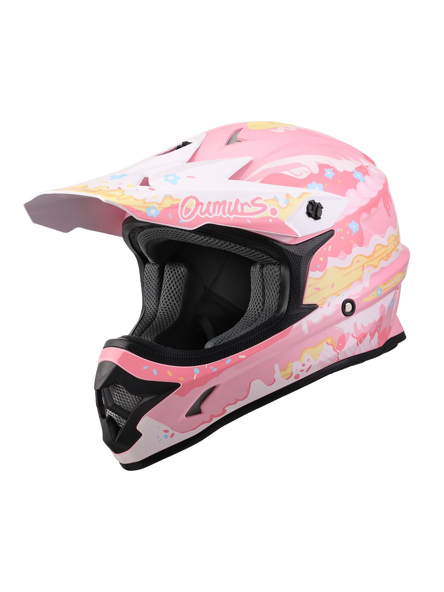 Oumurs 805 Pink motocross helmet, left front three-quarter view