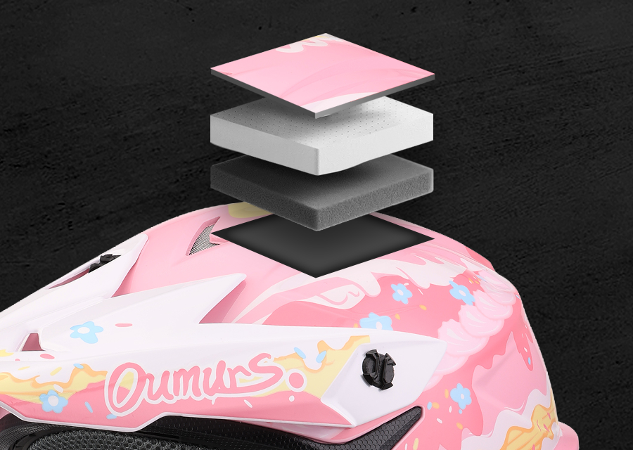 Exploded view of the Oumurs 805 Pink off-road helmet's layers: ABS hard shell, EPS buffer layer, and comfort cushioning lining.
