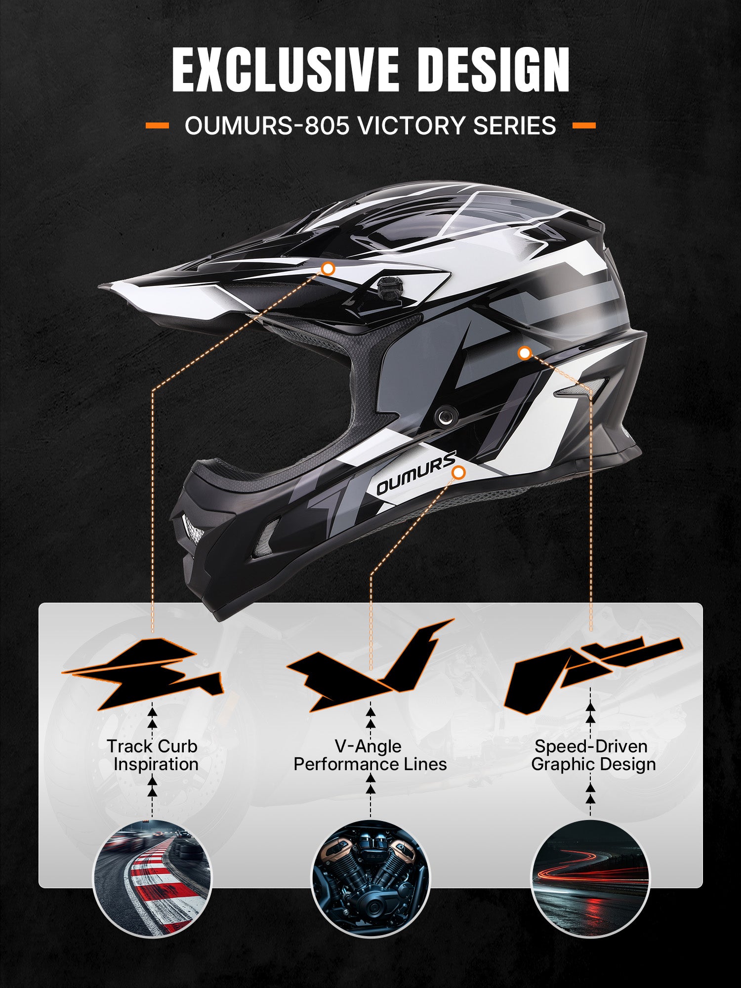 Oumurs 805 Victory Series off-road helmet's design inspiration: track curb, V-angle engine, and dynamic speed lines.