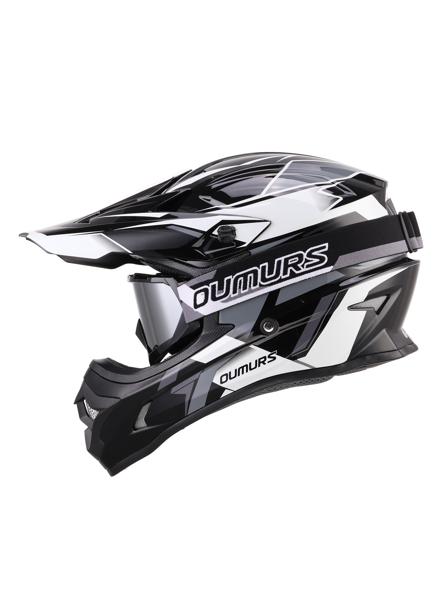 Oumurs 805 victory gray motocross helmet with matching goggles, left side view