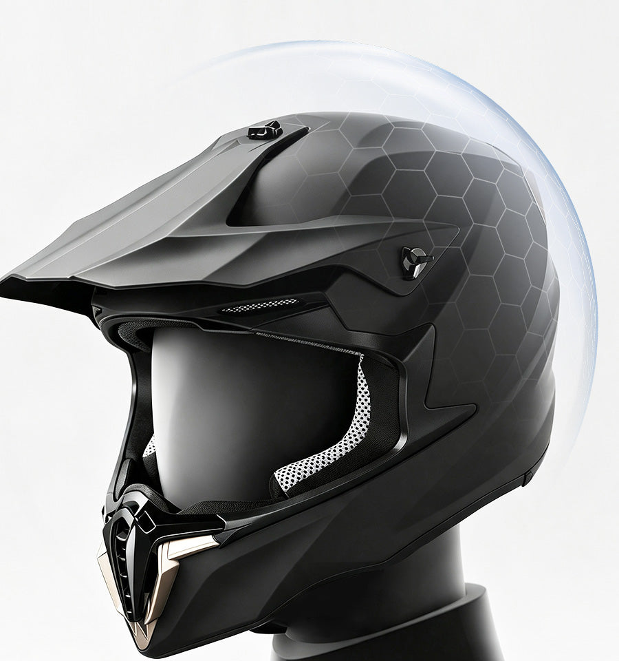 Side view of the Oumurs 806 matte black helmet's ABS shell on a mannequin, with a blue outline highlighting the shell's rugged, curved silhouette.