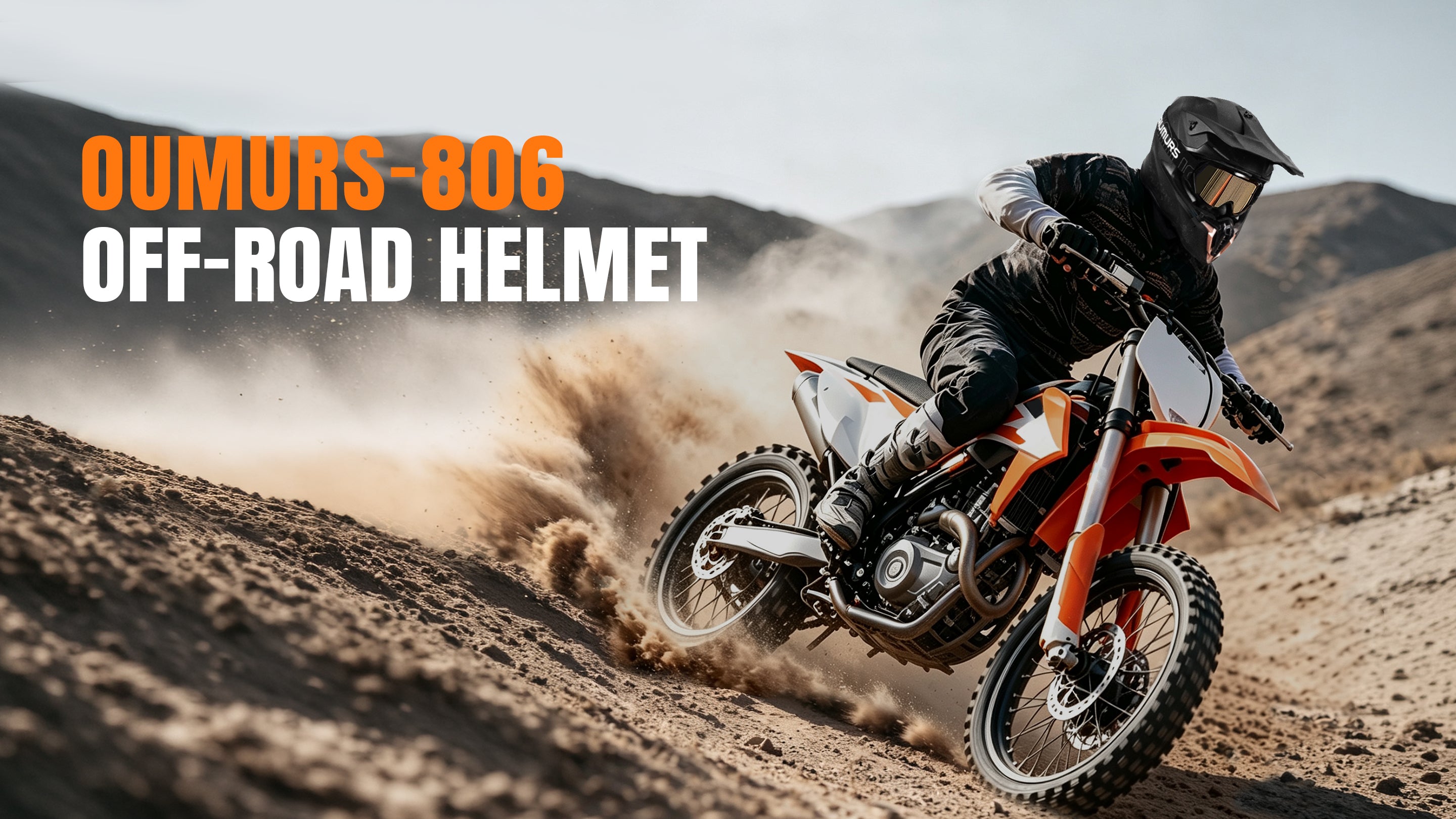 An off-road motorcycle rider wearing an Oumurs 806 Matte Black motocross helmet maneuvers an orange and white dirt bike through dusty terrain in the mountainous desert.