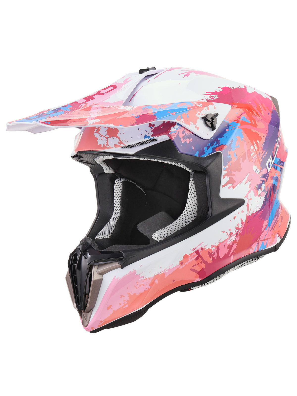A full-face motocross helmet with a vibrant abstract paint-splatter design in pink, blue, and white, shown from a three-quarters angle against a solid white background.