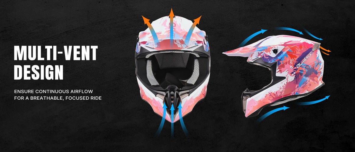 A promotional graphic for a Oumurs_806_PINK SPLASH helmet with two views on a dark background. The left view shows the front of the helmet with airflow arrows entering the vents, and the right view shows the side with airflow arrows moving across the shell.