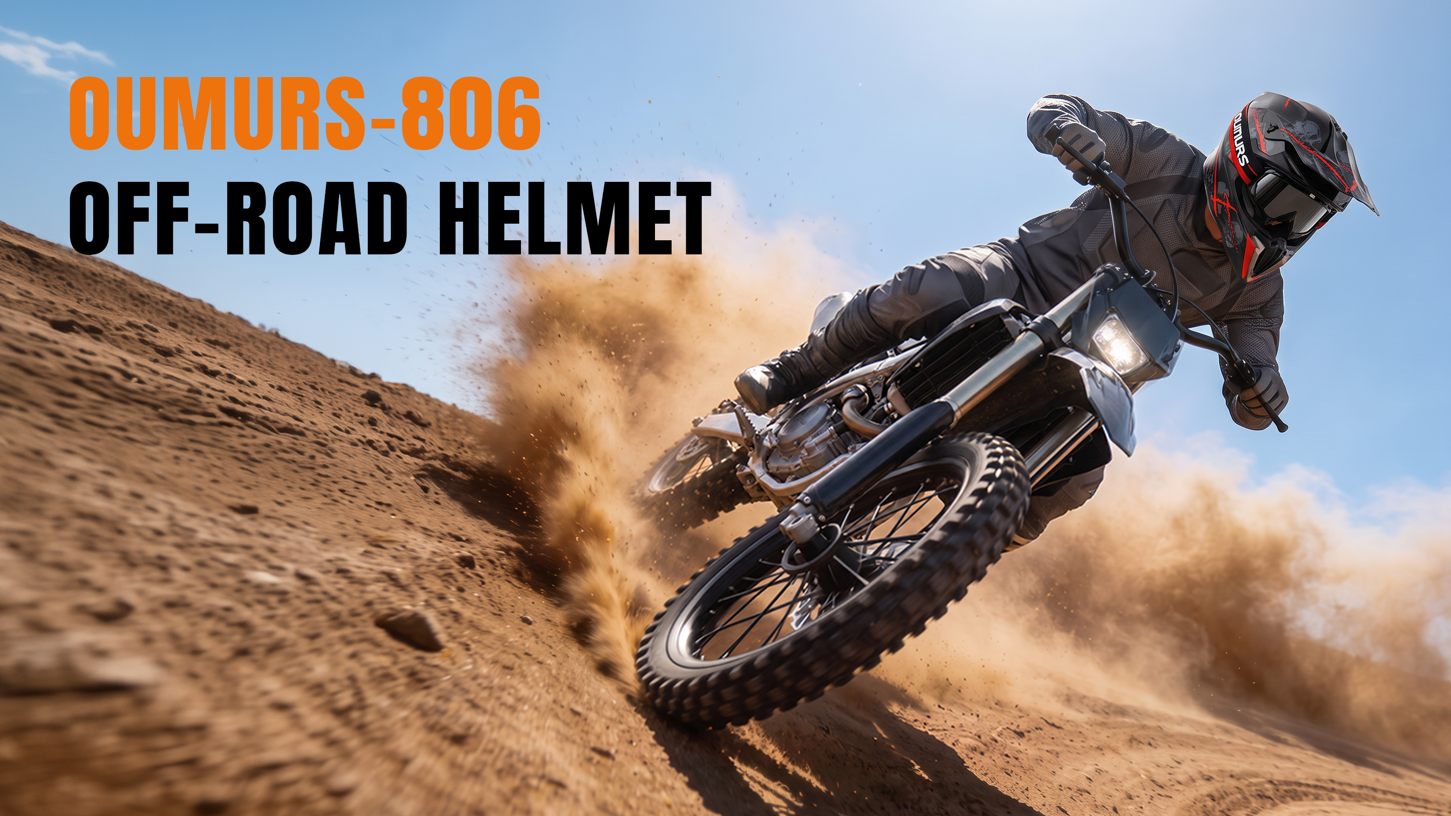 A rider wearing an OUMURS 806 Red Skull Off-Road helmet and protective gear leans sharply on a dirt bike while kicking up dust on a dirt track.