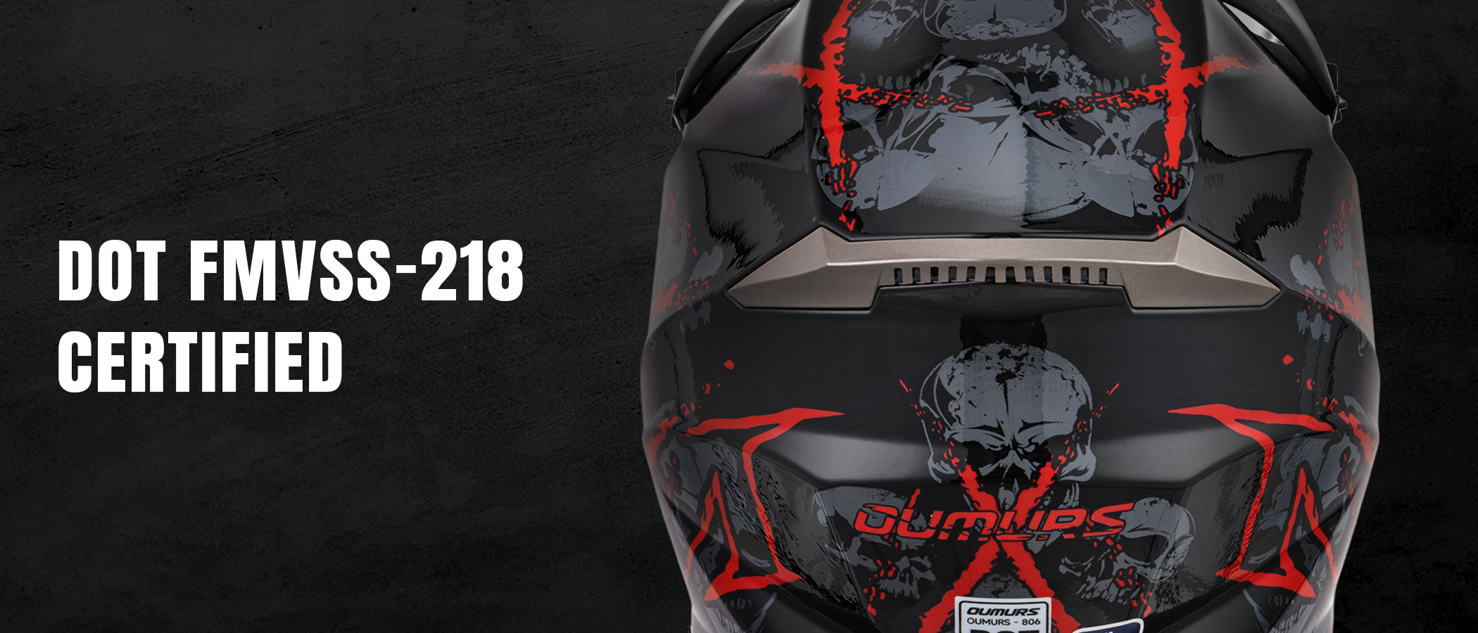 Oumurs 806 Red Skull off-road helmet shown from the rear, featuring the brand name and DOT FMVSS 218 certification label.