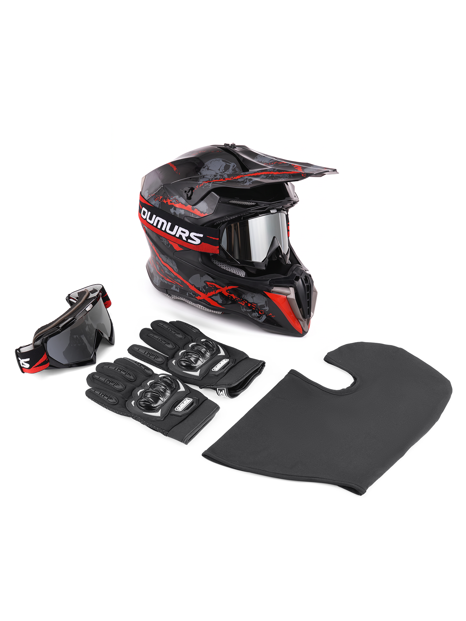 An Oumurs 806 Red Skull motocross helmet displayed with its matching accessories, including a pair of black gloves, a pair of matching goggles, and a black balaclava.