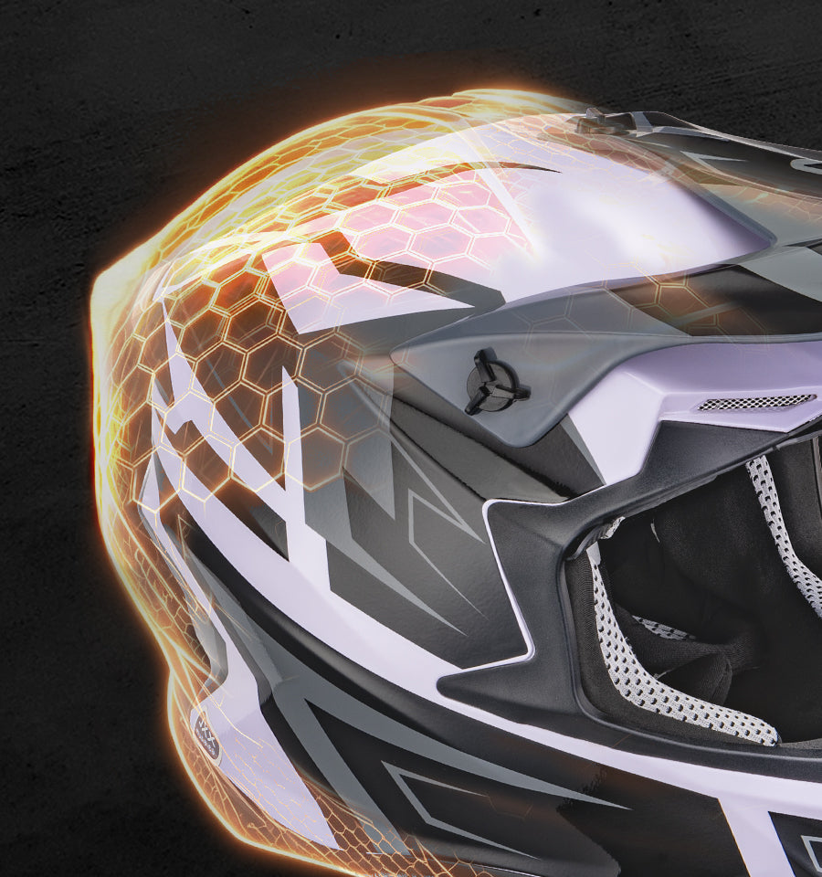 A close-up of a full-face motorcycle helmet with a glossy white and dark gray design, featuring a glowing orange hexagonal graphic overlay on the side and a dark textured background.
