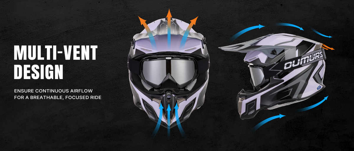 Promotional graphic for a full-face motorcycle helmet showing the front and side views on a dark textured background. The left side includes the text 'MULTI-VENT DESIGN' with arrows indicating airflow into and out of the helmet.