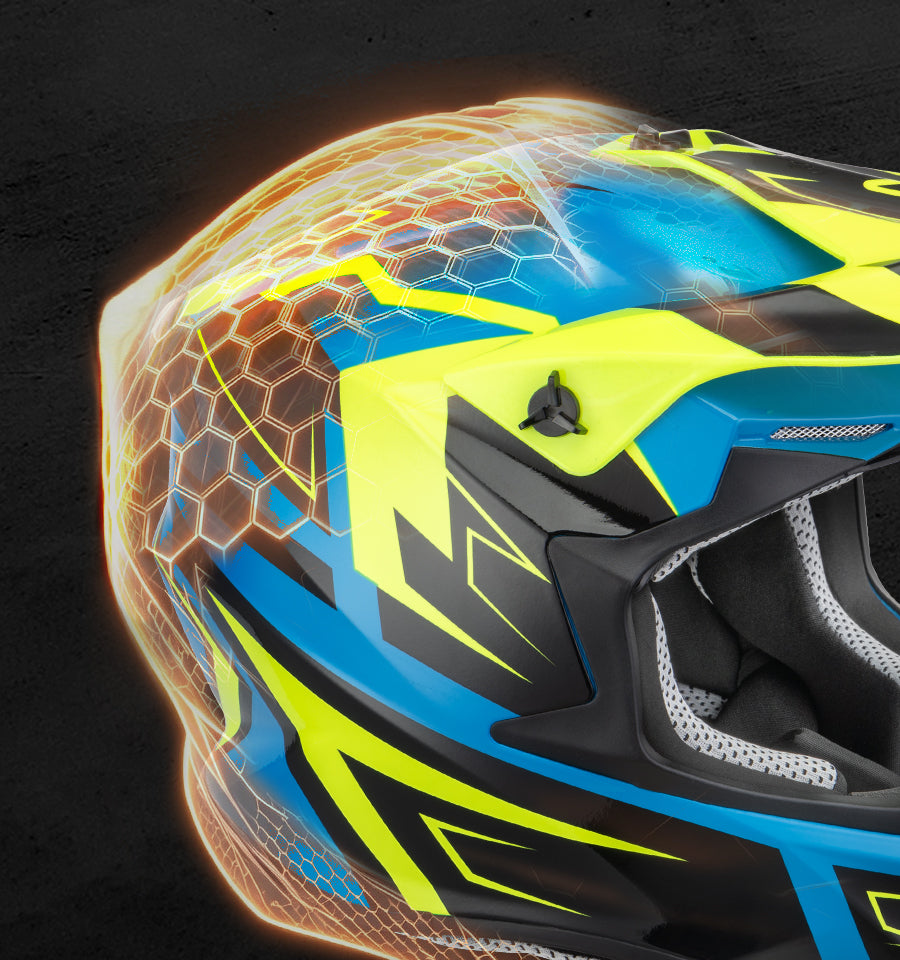 Close-up of a motocross or mountain bike helmet with a glossy blue shell, bright neon yellow accents, black graphic details, and a glowing orange hexagonal overlay effect on a dark background.