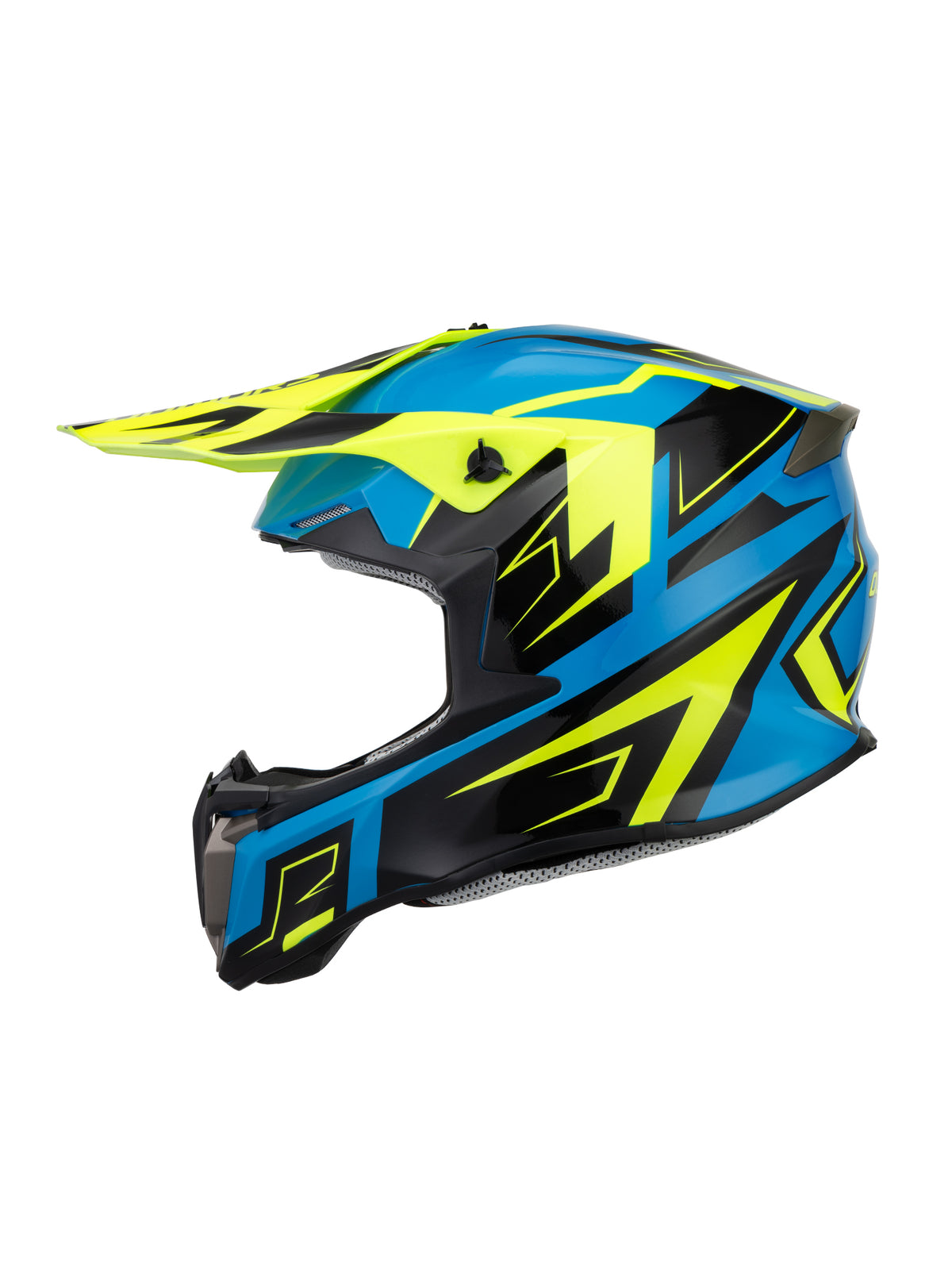 A side profile view of a motocross helmet featuring a vibrant blue and neon yellow graphic design with black accents, set against a plain white background.