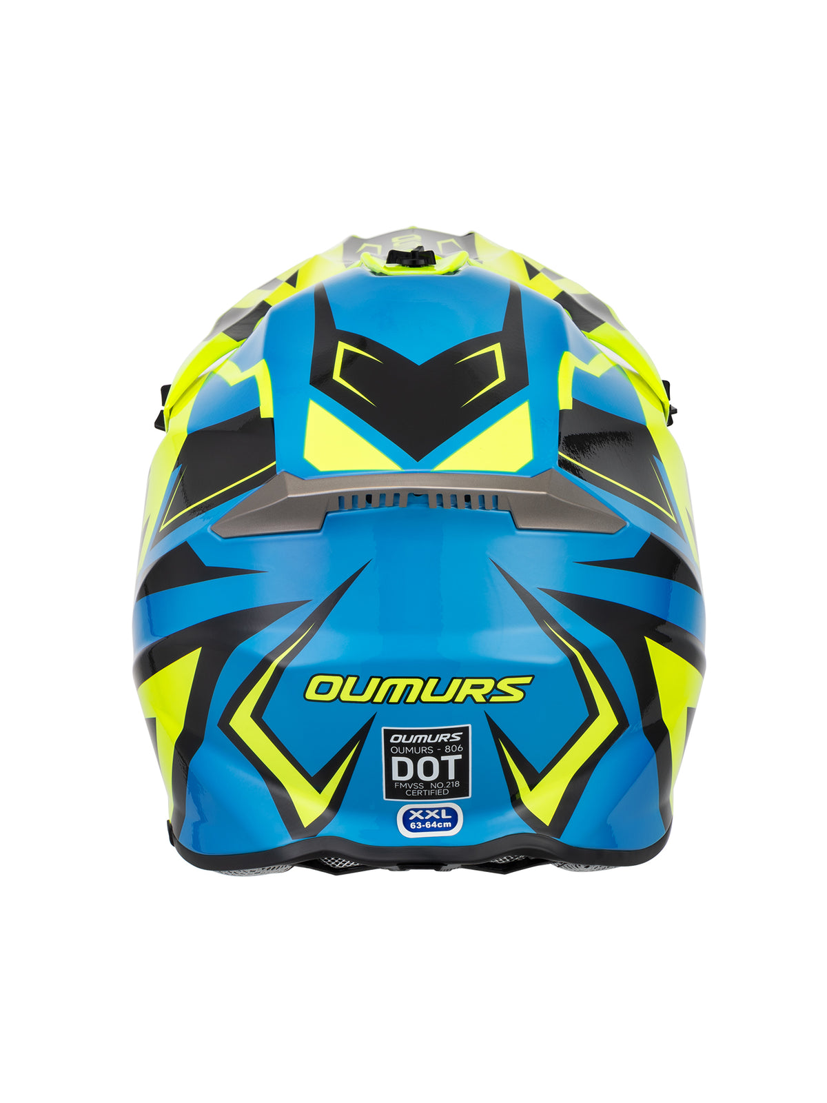A blue, yellow, and black full-face motocross helmet shown from the back, featuring the OUMURS brand name and a DOT certification sticker.