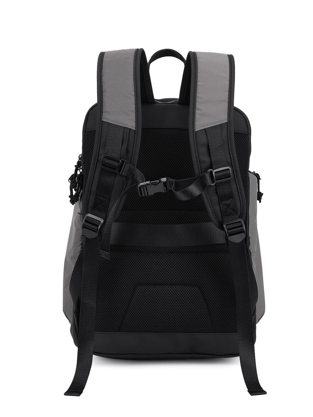 The back view of a black and gray backpack, showing the padded shoulder straps, mesh back panel, and side compression straps against a white background.