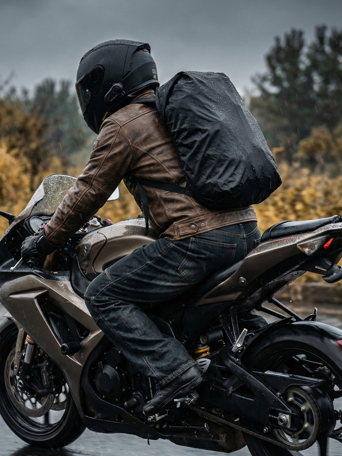 A person wearing a black motorcycle helmet, brown leather jacket, and dark jeans sits on a sport motorcycle in the rain, carrying a large black backpack.