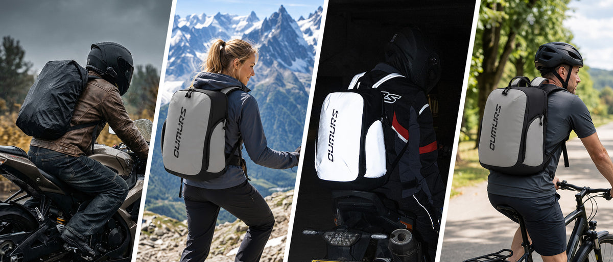A four-panel collage showing a Daimaru backpack worn by different riders and hikers in outdoor settings, including a motorcycle rider, a woman on a trail, a person loading/unloading gear, and a cyclist on a road.