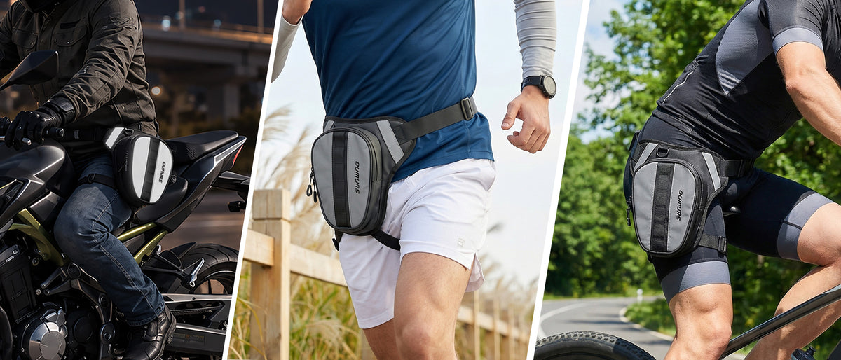 Three-panel collage showing an Oumurs leg bag worn while motorcycling, running and cycling.