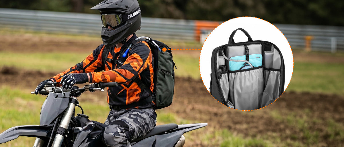Motorcyclist wearing an Oumurs backpack with a drinking tube, with an inset showing the hydration bladder compartment.