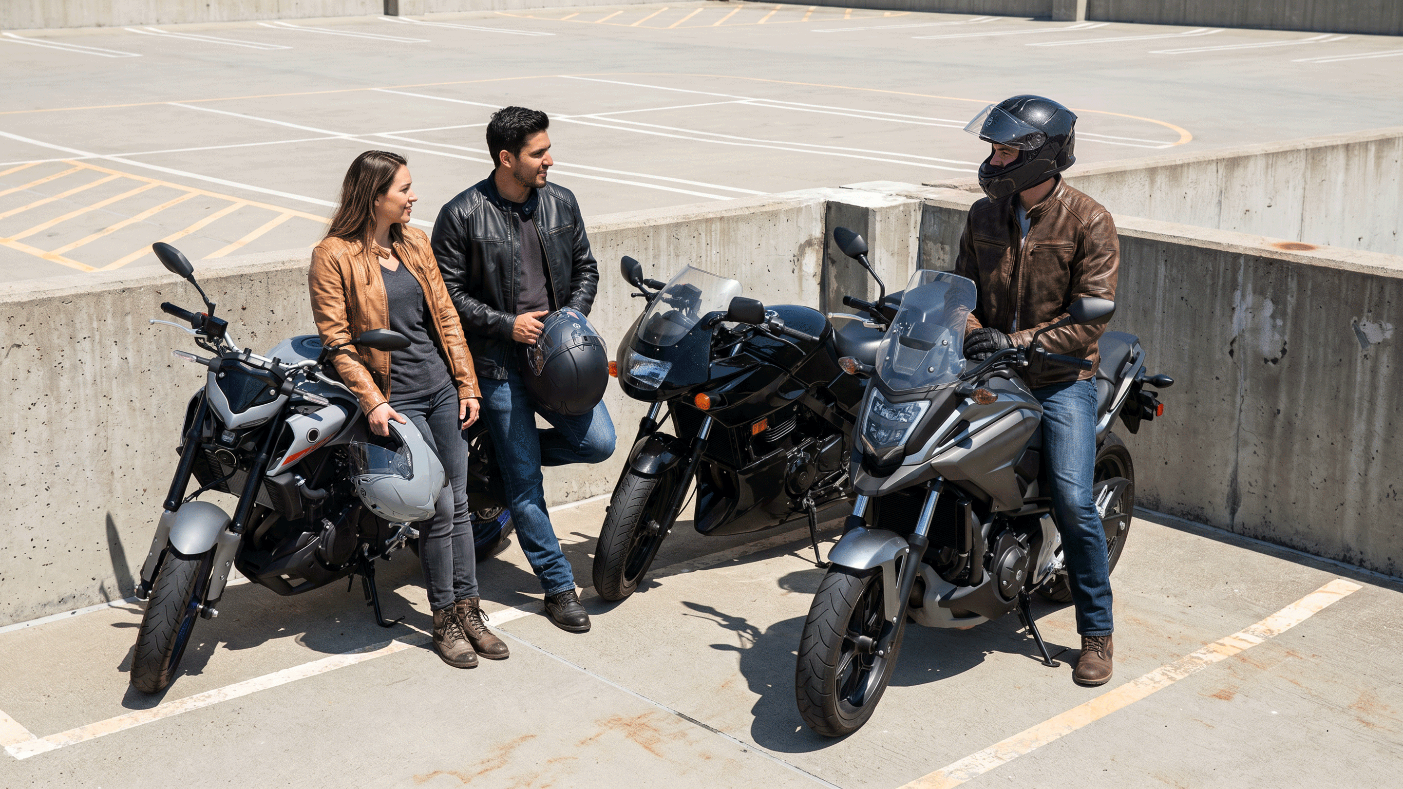 Three people standing beside three motorcycles in an outdoor concrete parking structure. One person is seated on the right motorcycle, while the other two stand with helmets and motorcycles on both sides. All of them are wearing OUMURS-361S helmet