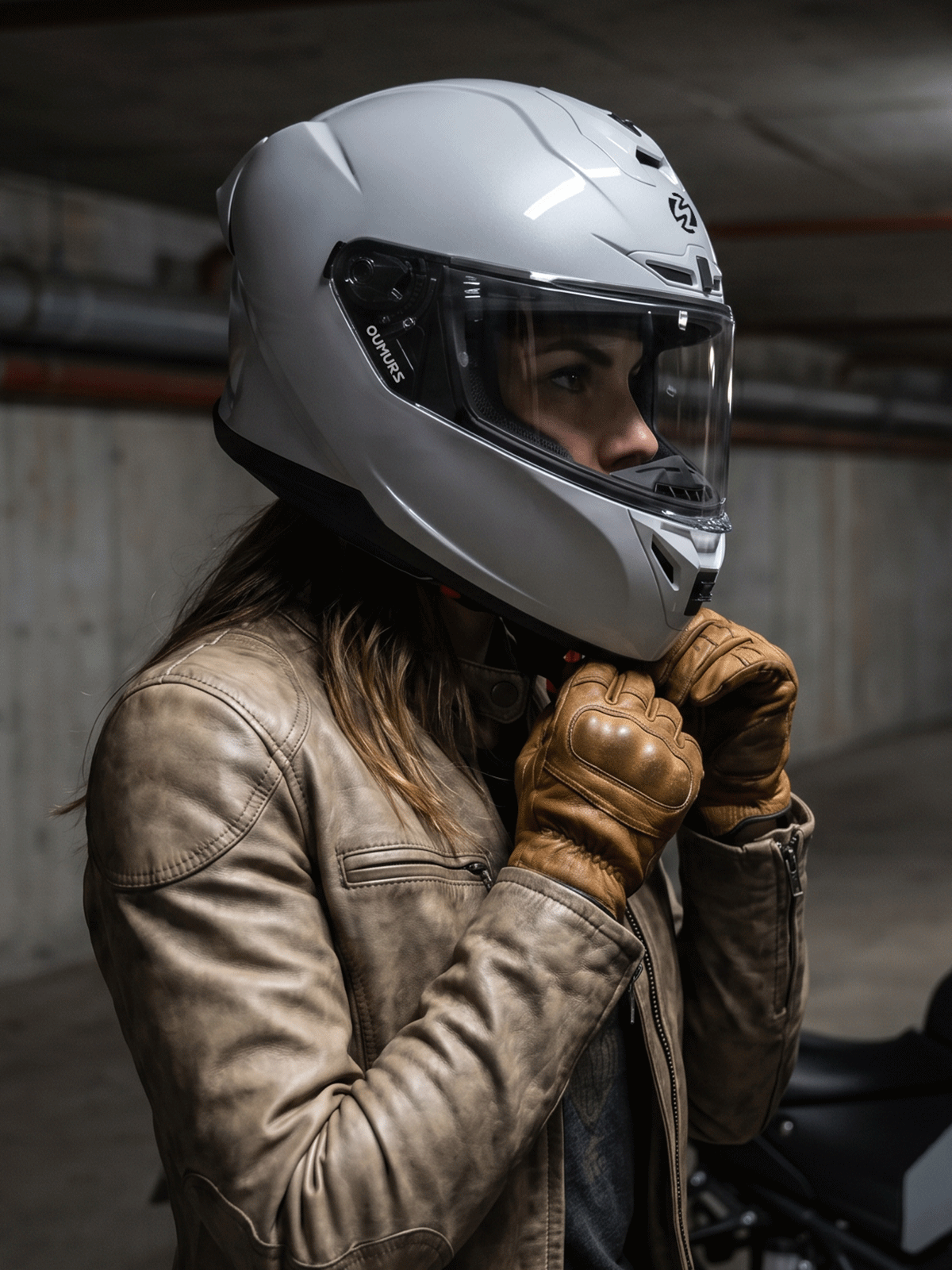 A person wearing a OUMURS-361S concret gray full-face motorcycle helmet with a clear visor, tan leather jacket, and tan leather gloves, standing in a dim indoor setting.