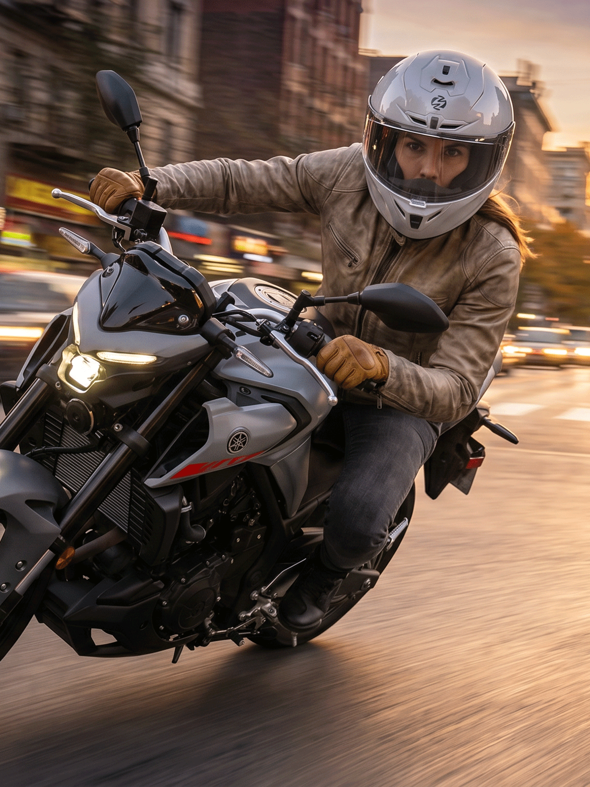 A person riding a motorcycle on a city street during sunset, wearing a concret gray OUMURS-361S full-face street helmet, tan jacket, and dark jeans.