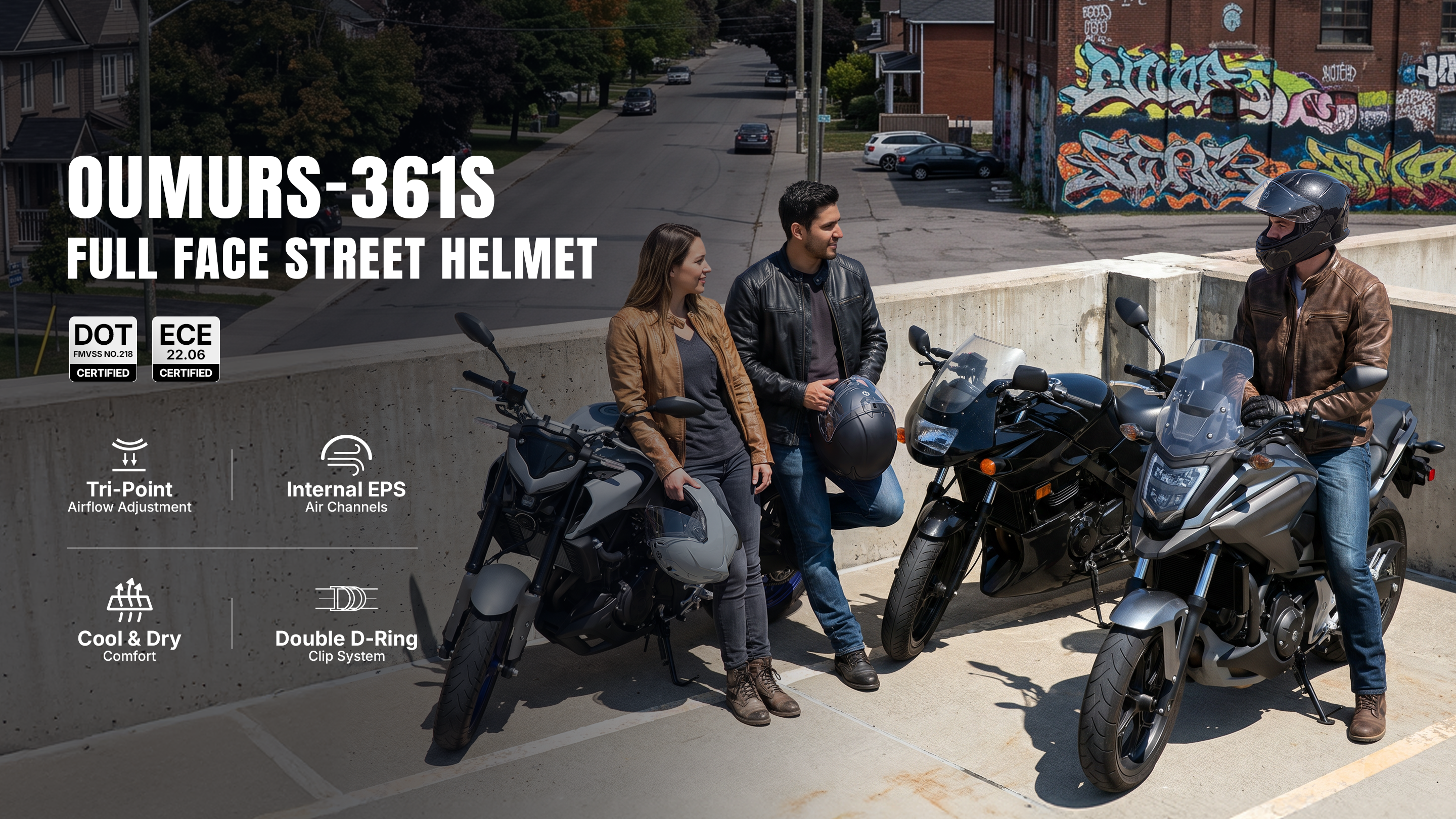 Three people standing on a rooftop above a city street beside three motorcycles, with the main product highlighted as the OUMURS-361S full face street helmet worn by the rider on the right. Large text on the left lists product features and certifications.