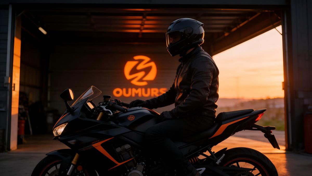 Aa motorcycle rider wearing a Oumurs helmet sits on a motorcycle