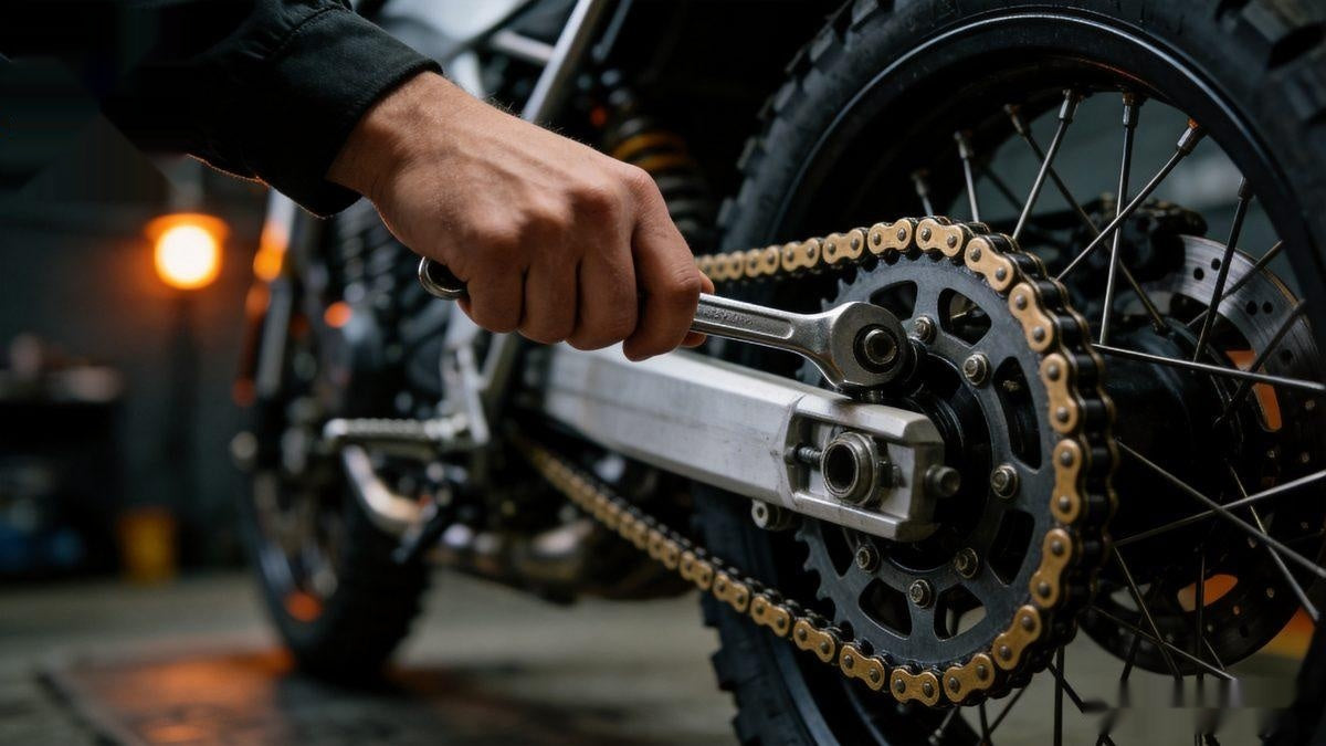 Mechanic using a wrench to adjust the drive chain on a motorcycle