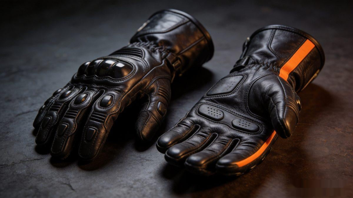 Pair of protective black leather motorcycle gloves with orange accents