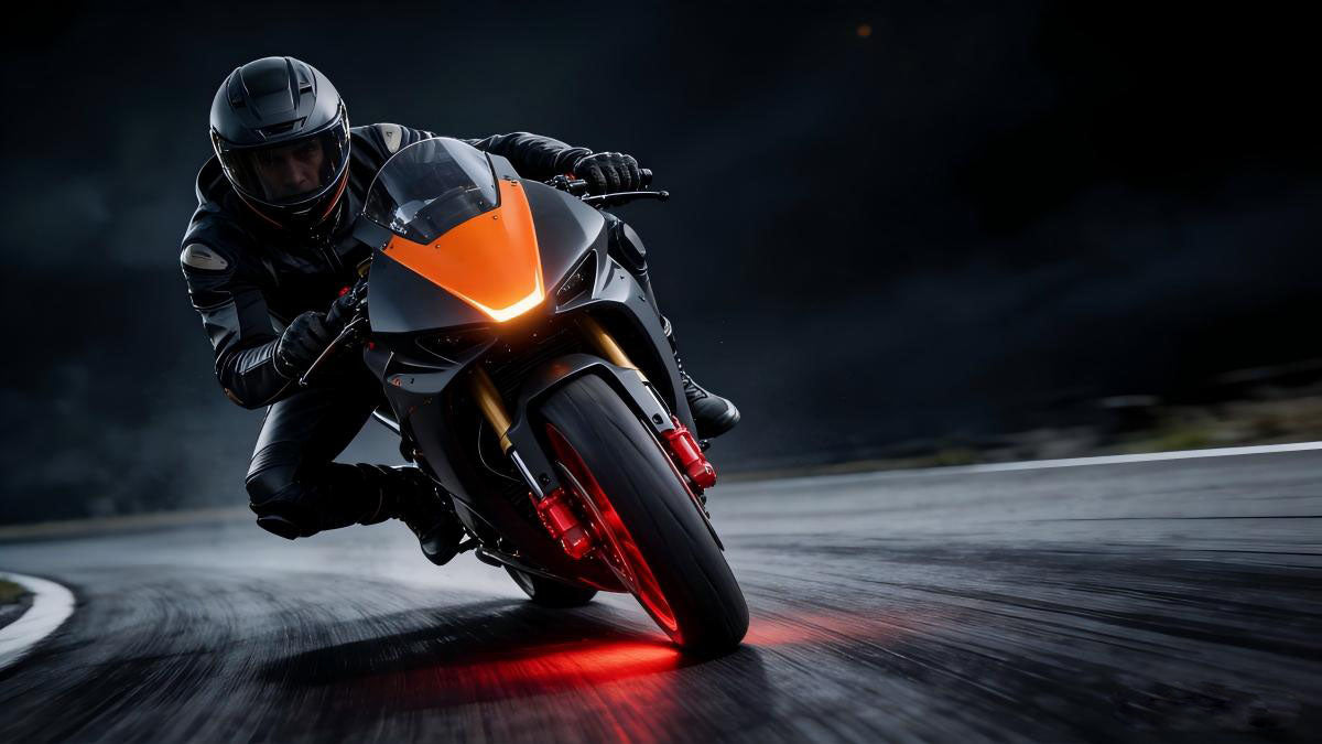 Motorcycle rider executing a heavy braking maneuver on a race track with glowing red brake calipers
