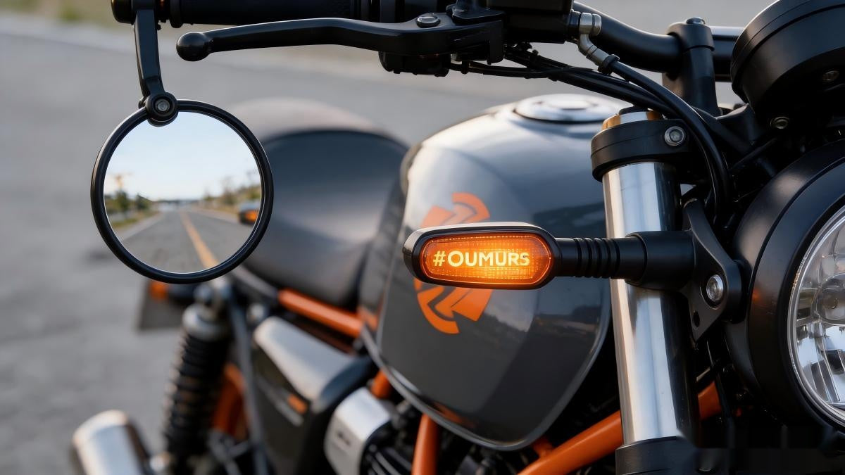 Round bar end motorcycle mirror and illuminated LED turn signal indicator on handle bar