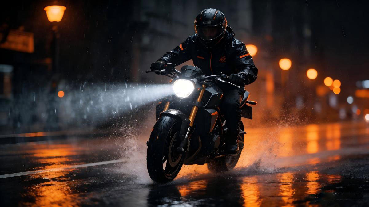 Motorcyclist in rain gear riding through wet city streets at night with headlight shining through heavy rain