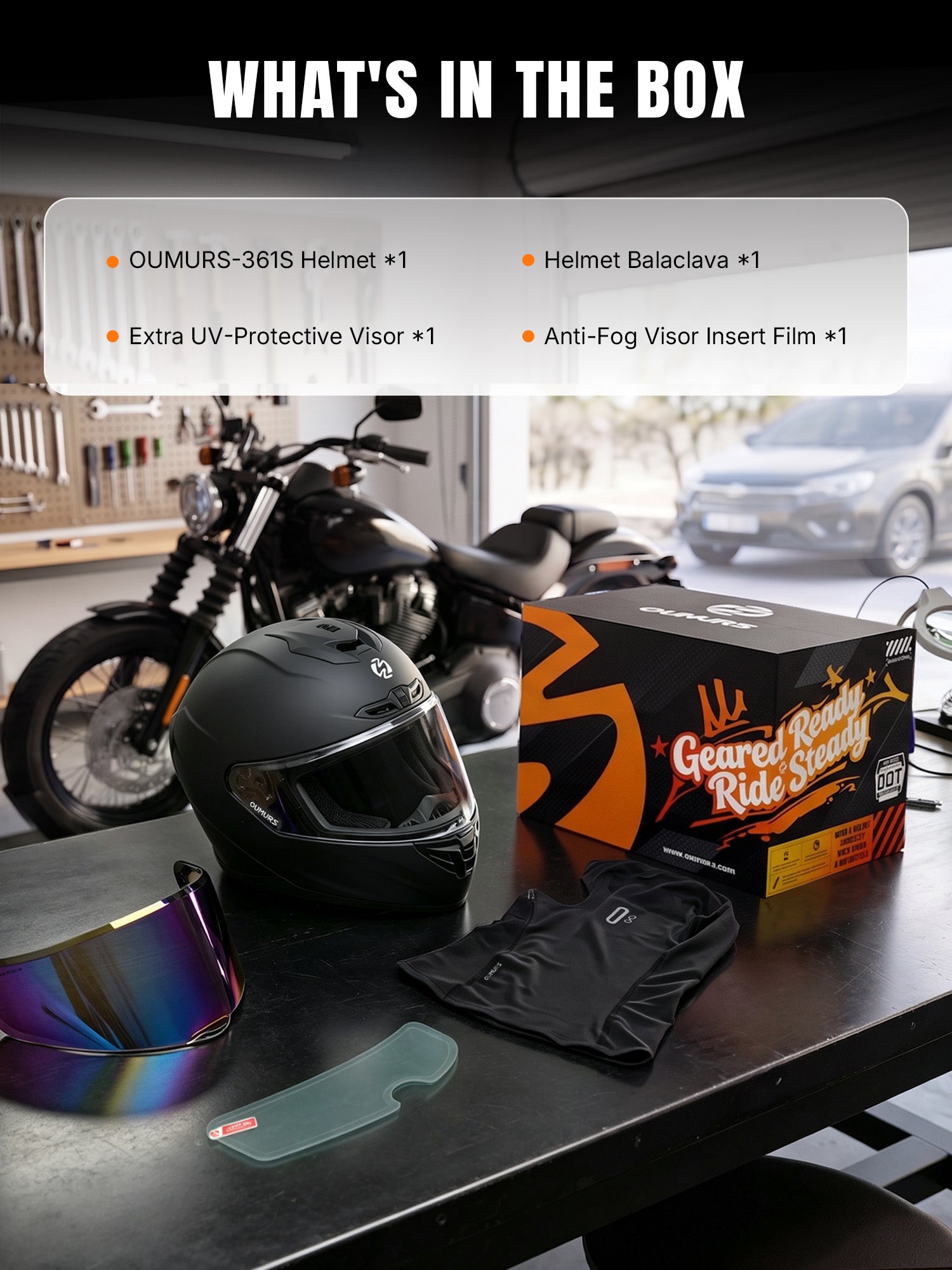 Oumurs-361S Full Face Street Helmet, ECE 22.06 & DOT Certified, Matte Black